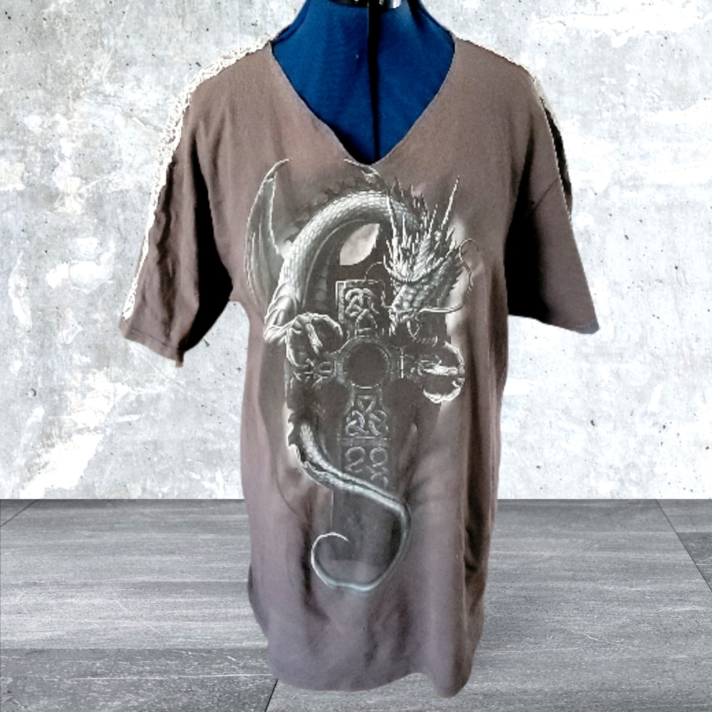 Gray Dragon Graphic Tee Destressed Lace Sleeves